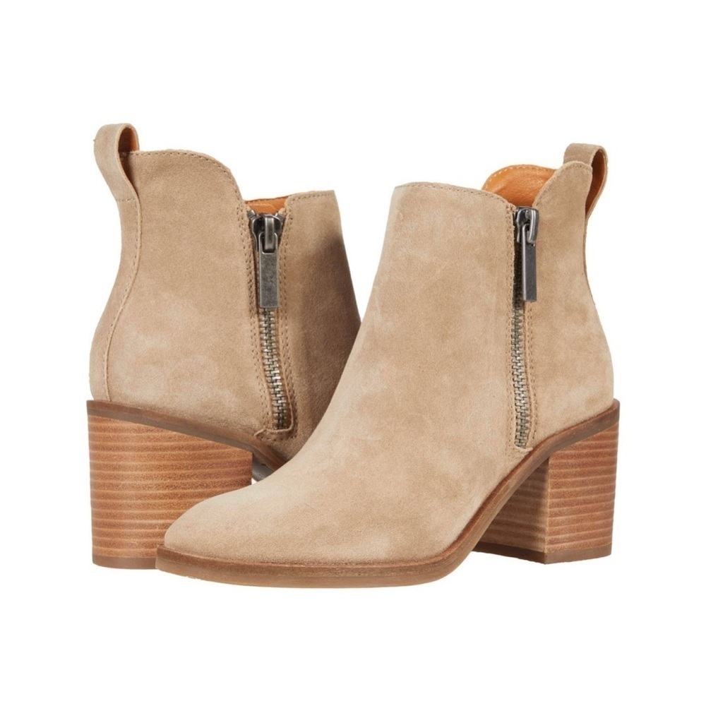 Lucky Brand Womens Walba Taupe Suede Block Heel Ankle Boots